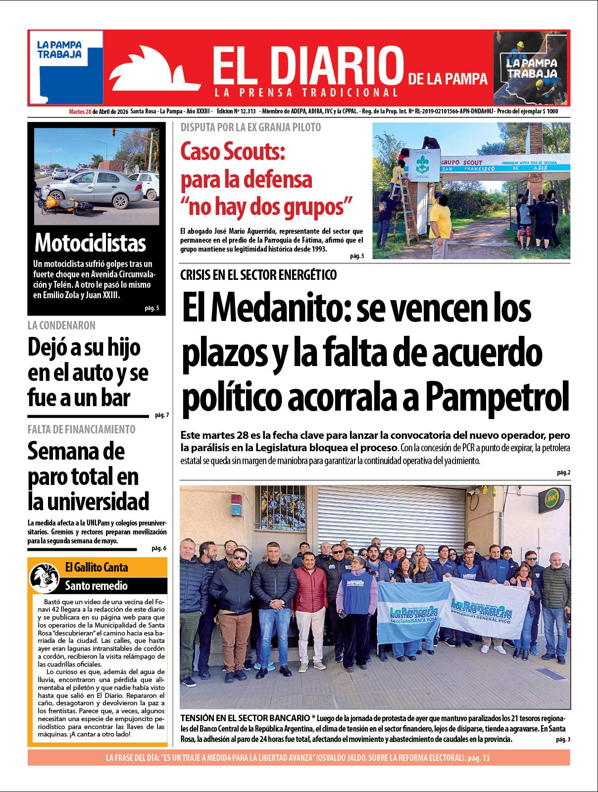 Tapa de El Diario en papel  martes 28 de abril de 2026